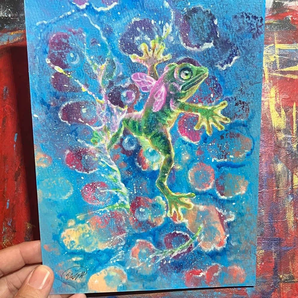 Original Frog fairy Painting Art whimsical Fantasy Froggy Wall Decor Artettina